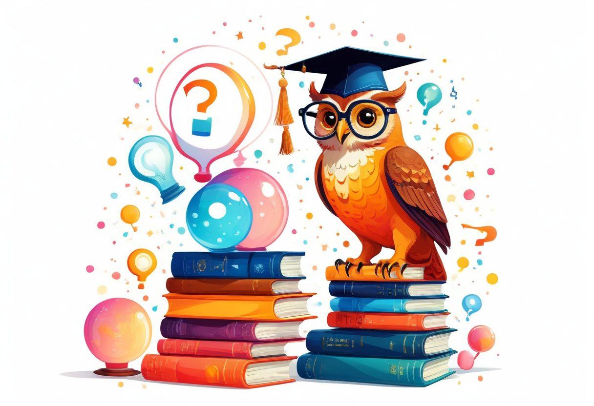 A whimsical and vibrant illustration of a large question mark surrounded by floating, colorful question bubbles, each depicting different intriguing questions (like a spaceship, a science experiment, or an ancient artifact). In the background, a knowledgeable owl with glasses and a graduation cap sits on a stack of books, illuminating the scene with a glowing lantern. vector art. vibrant colors. white background.