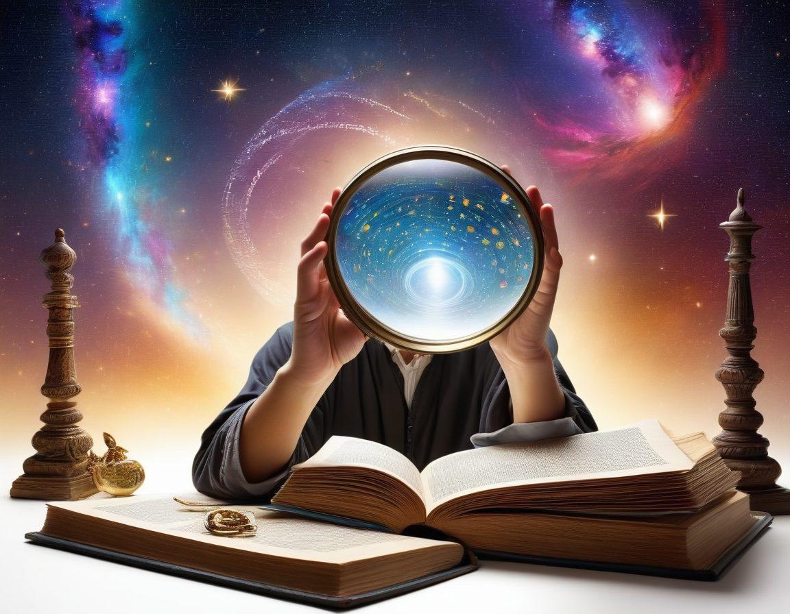 An intriguing, mysterious landscape with a large magnifying glass revealing hidden clues and symbols amidst an ancient, weathered book and scattered knowledge artifacts. The backdrop should be a swirling galaxy of knowledge, with subtle light beams illuminating the magnifying glass. A scholarly figure in the foreground, pensively examining the clues. super-realistic. vibrant colors. white background.