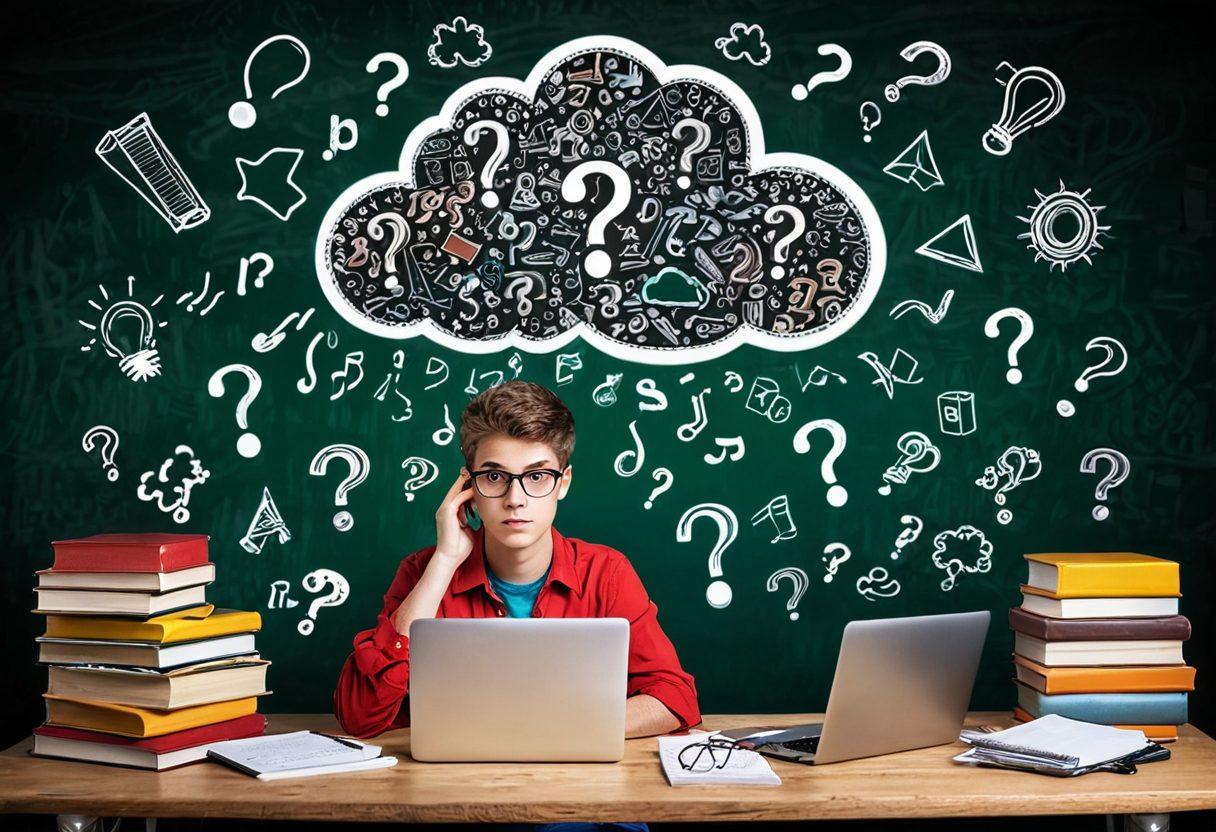 A young person sitting at a desk, surrounded by books, laptops, and a floating cloud of question marks and exclamation points, highlighting the journey from curiosity to understanding. In the background, a blackboard filled with equations and doodles symbolizing knowledge. vibrant colors. 3D.
